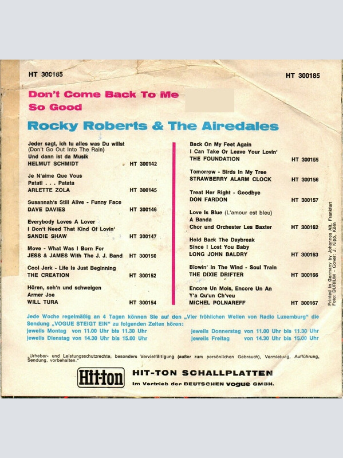 Vinyl / Rocky Roberts E I Pirañas / Rocky Roberts & The Airedales - Don't Come Back To Me / So Good