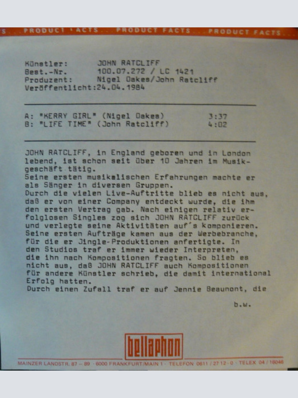 Vinyl / John Ratcliff - Kerry Girl