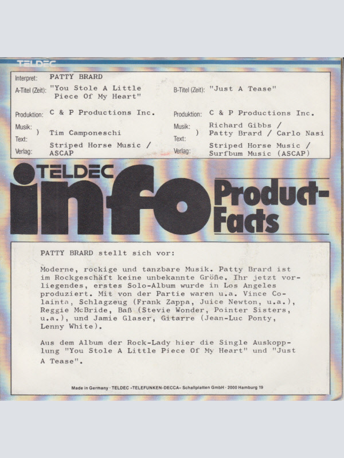 Vinyl / Patty Brard - You Stole A Little Piece Of My Heart