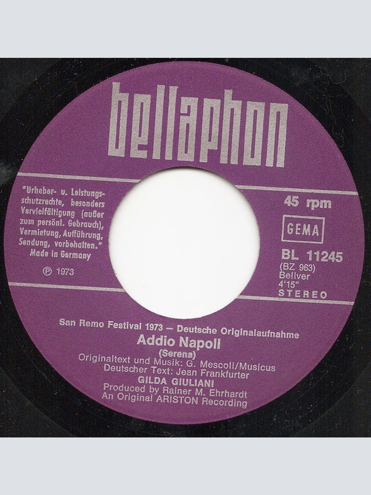 Vinyl / Gilda Giuliani - Addio Napoli (Serena) / Ich Bin Alleine - San Remo Festival 1973 - Deutsche Originalaufnahme
