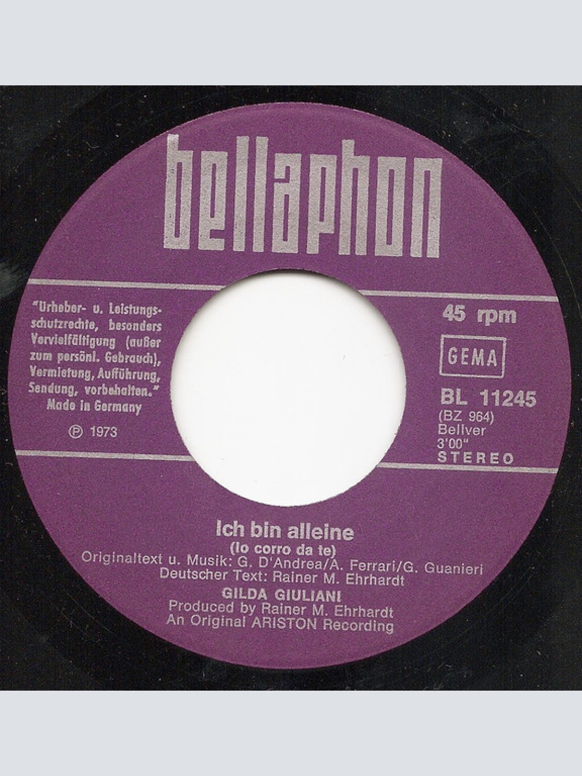 Vinyl / Gilda Giuliani - Addio Napoli (Serena) / Ich Bin Alleine - San Remo Festival 1973 - Deutsche Originalaufnahme