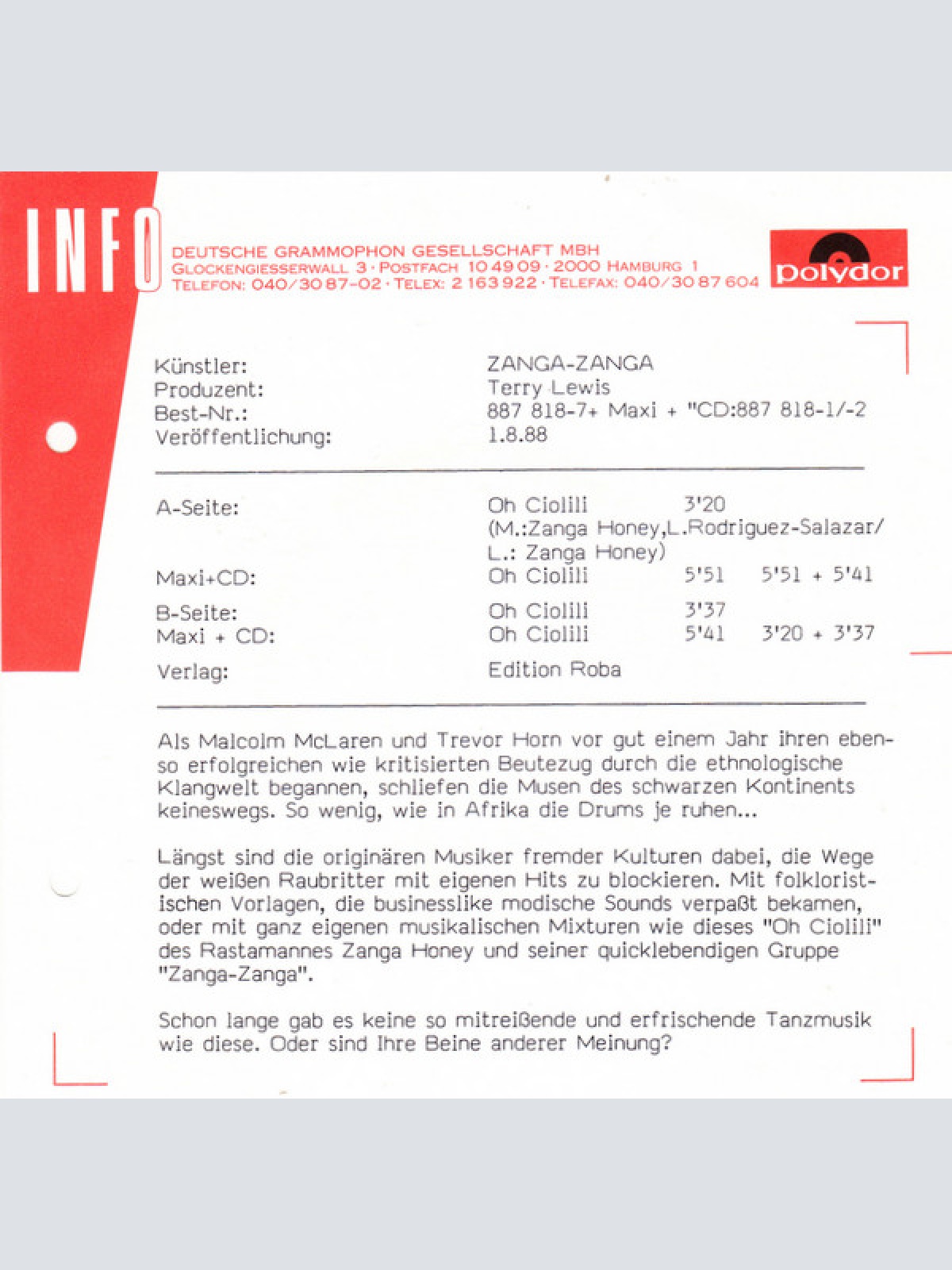 Vinyl / Zanga Zanga - Oh Ciolili