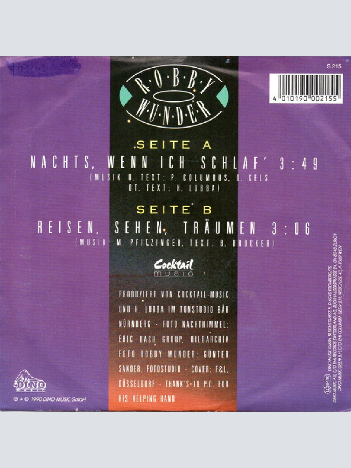 Vinyl / Robby Wunder - Nachts, Wenn Ich Schlaf'