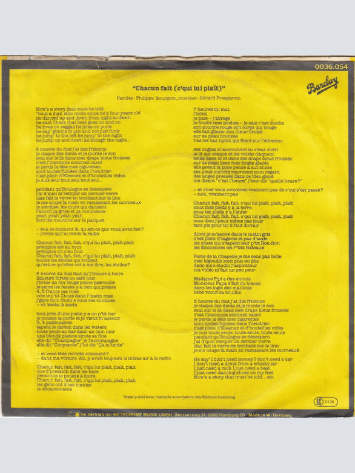 Vinyl / Chagrin D'Amour - Chacun Fait (C'Qui Lui Plaît)