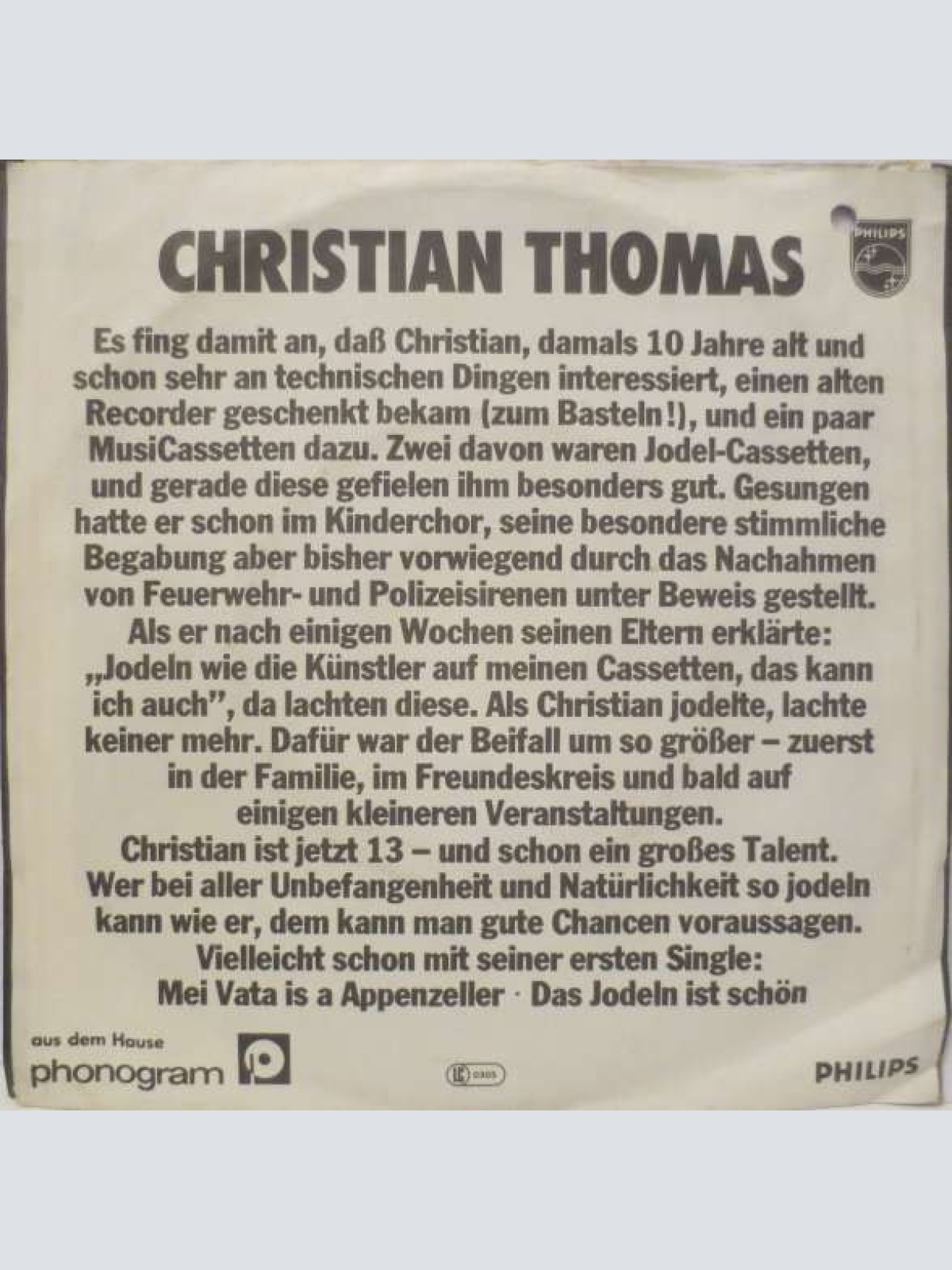 Vinyl / Christian Thomas (4) - Mei Vata Is A Appenzeller / Das Jodeln Ist Schön