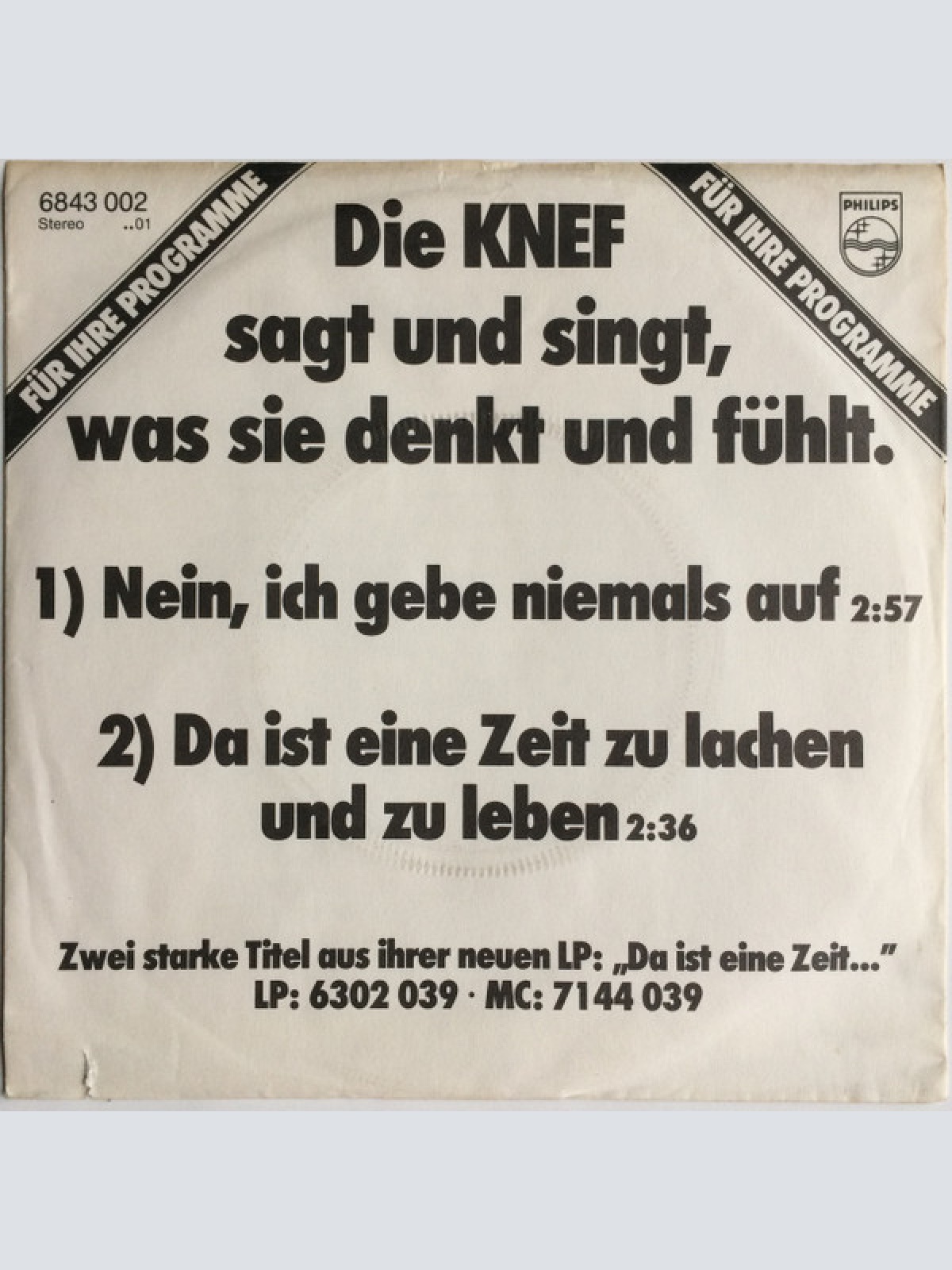 Vinyl / Hildegard Knef - Nein, Ich Gebe Niemals Auf / Da Ist Eine Zeit Zu Lachen Und Zu Leben