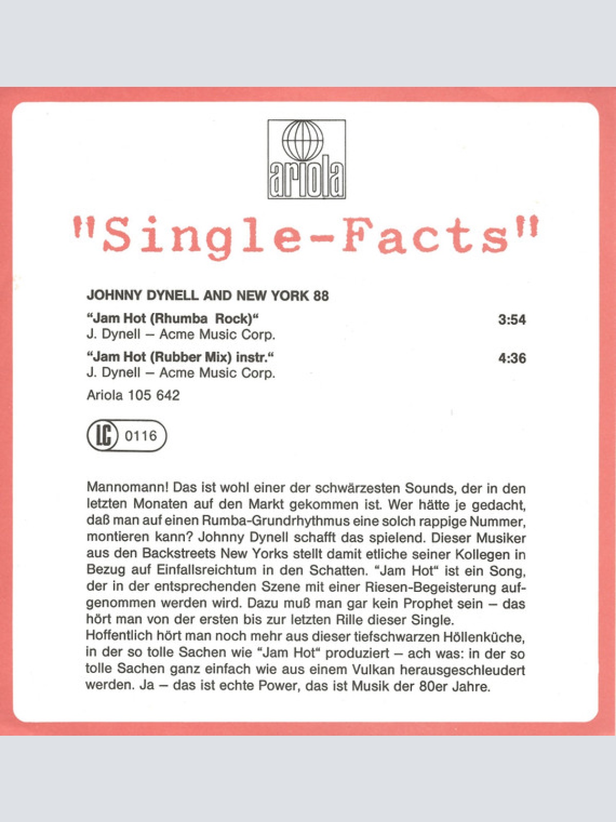 Vinyl / Johnny Dynell And New York 88 - Jam Hot