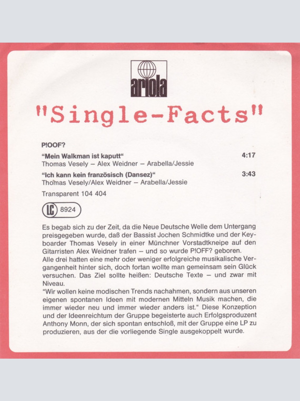 Vinyl / P!OFF? - Mein Walkman Ist Kaputt & Ich Kann Kein Französisch~Dansez