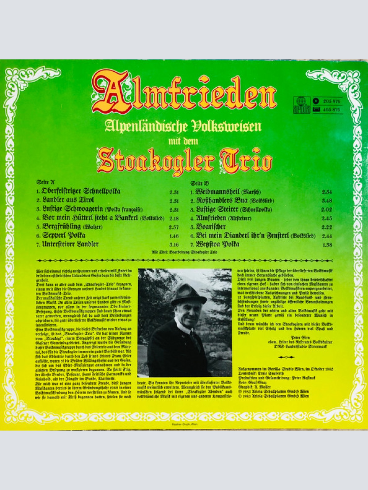 Vinyl / Stoakogler Trio - Almfrieden - Alpenländische Volksweisen Mit Dem Stoakogler Trio