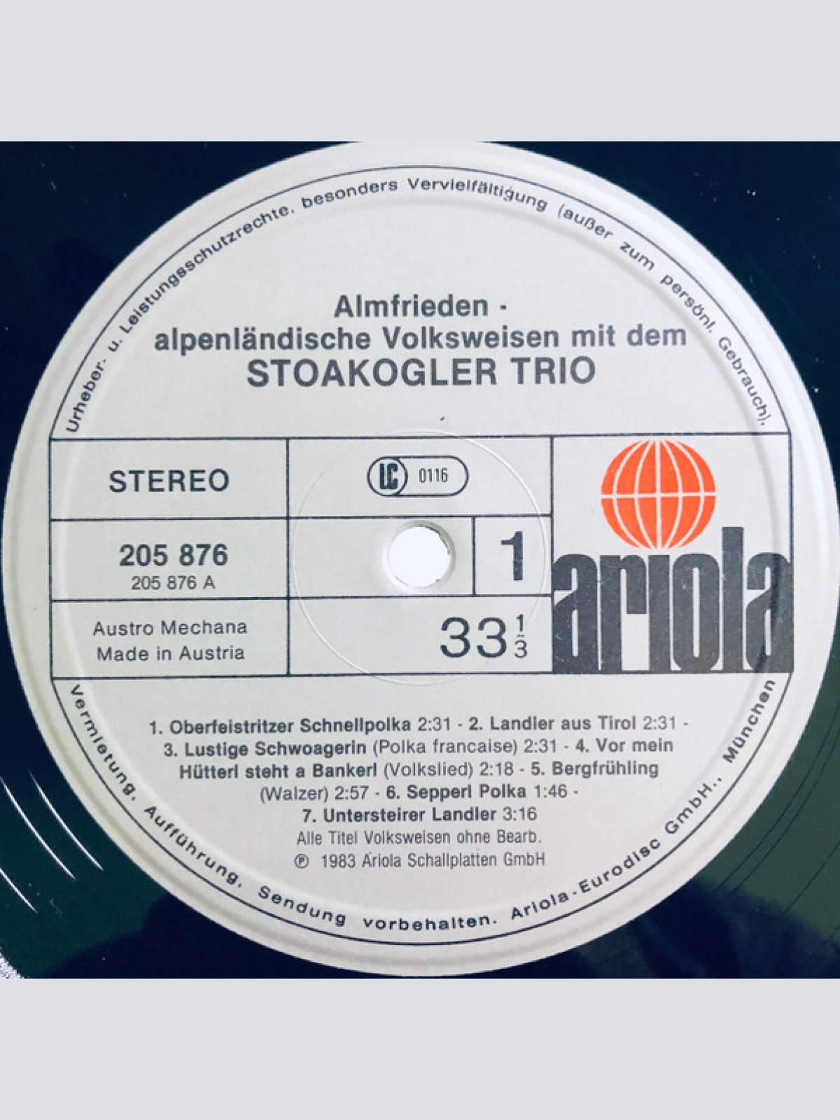 Vinyl / Stoakogler Trio - Almfrieden - Alpenländische Volksweisen Mit Dem Stoakogler Trio