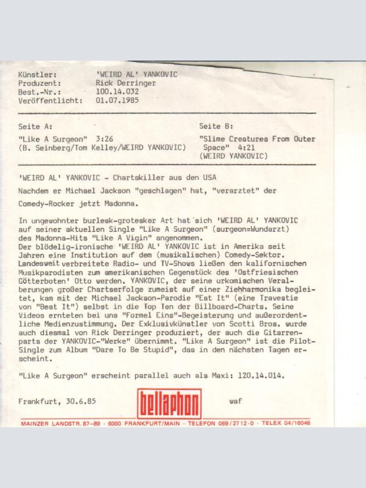 Vinyl / "Weird Al" Yankovic - Like A Surgeon