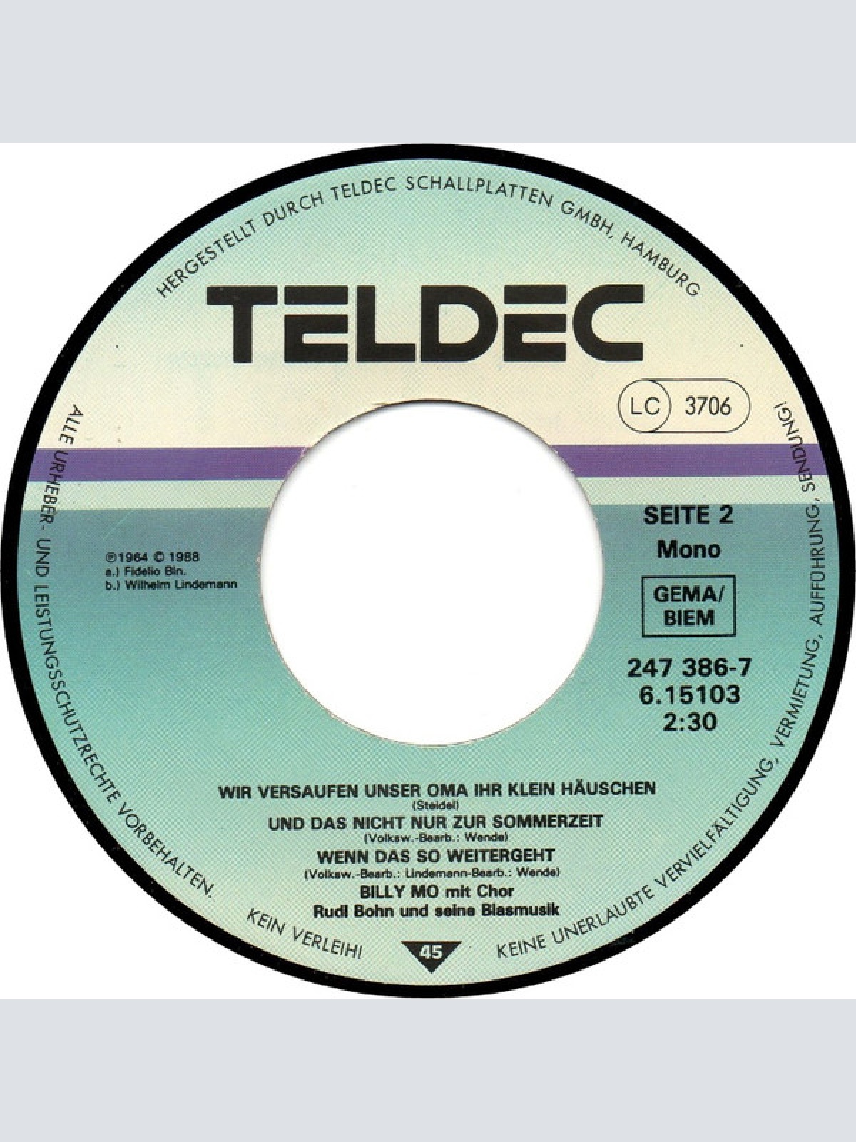 Vinyl / Billy Mo - Humbta-Täterä / Wir Versaufen Unser Oma Ihr Klein Häuschen