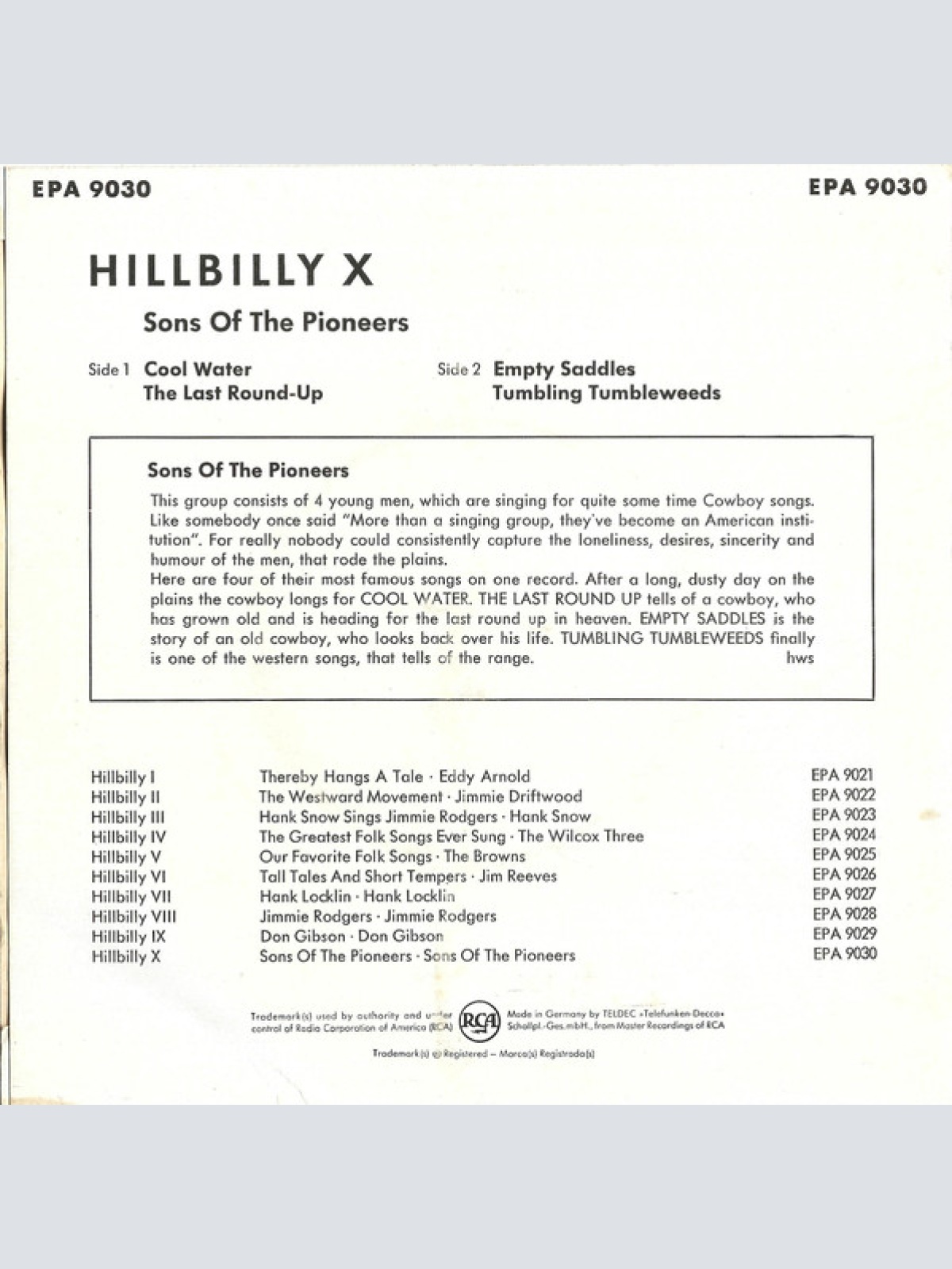 Vinyl / Sons of the Pioneers* - Cool Water