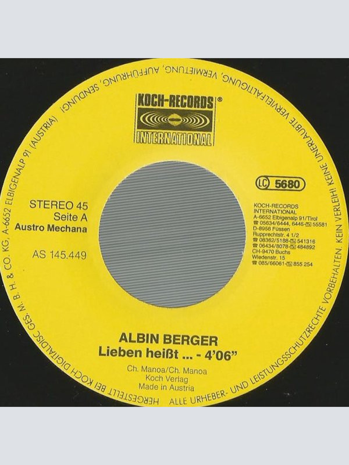 Vinyl / Albin Berger - Lieben Heißt... / Addio Madonna Mia