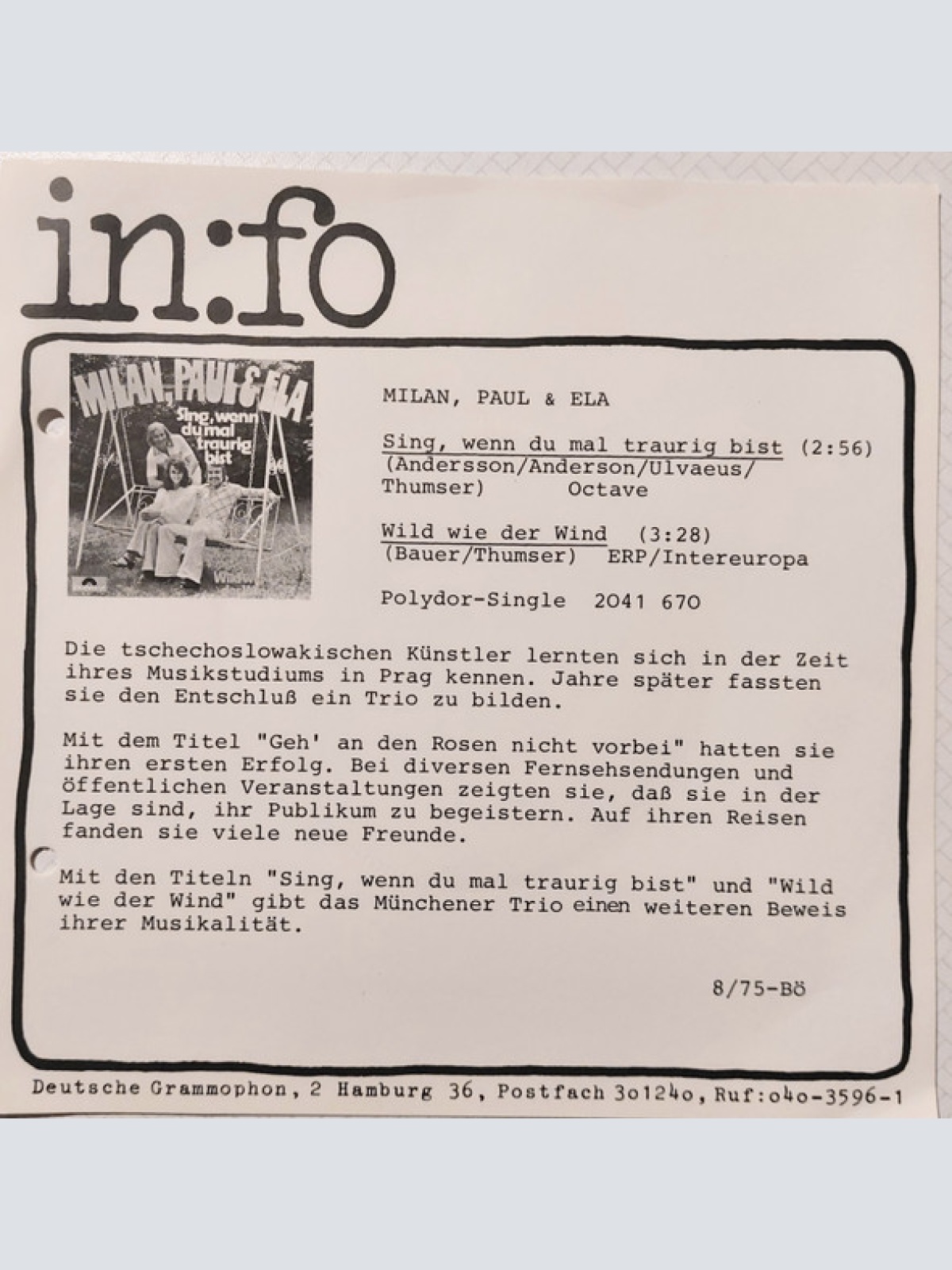 Vinyl / Milan, Paul & Ela - Sing, Wenn Du Mal Traurig Bist