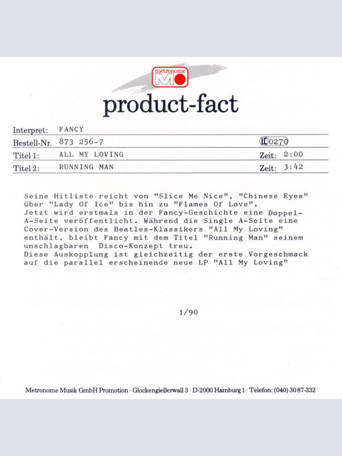 Vinyl / Fancy - All My Loving / Running Man