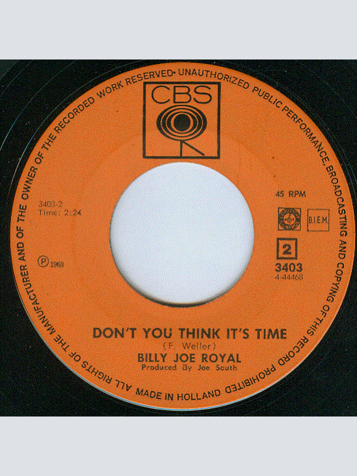 Vinyl / Billy Joe Royal - Don't You Be Ashamed (To Call My Name) /Don't You Think It's Time