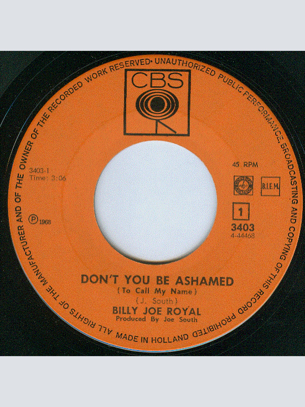 Vinyl / Billy Joe Royal - Don't You Be Ashamed (To Call My Name) /Don't You Think It's Time