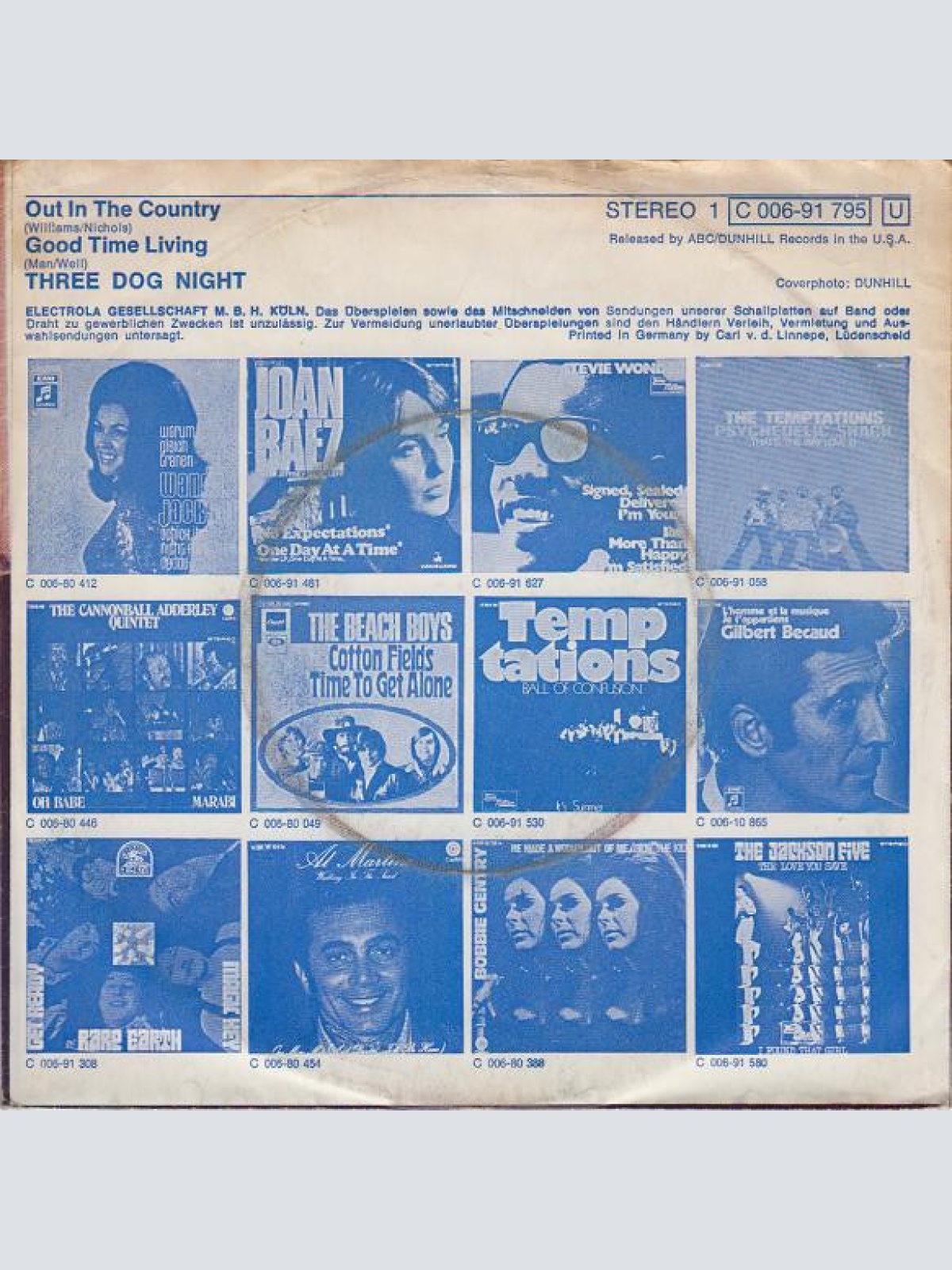 Vinyl / Three Dog Night - Out In The Country / Good Time Living