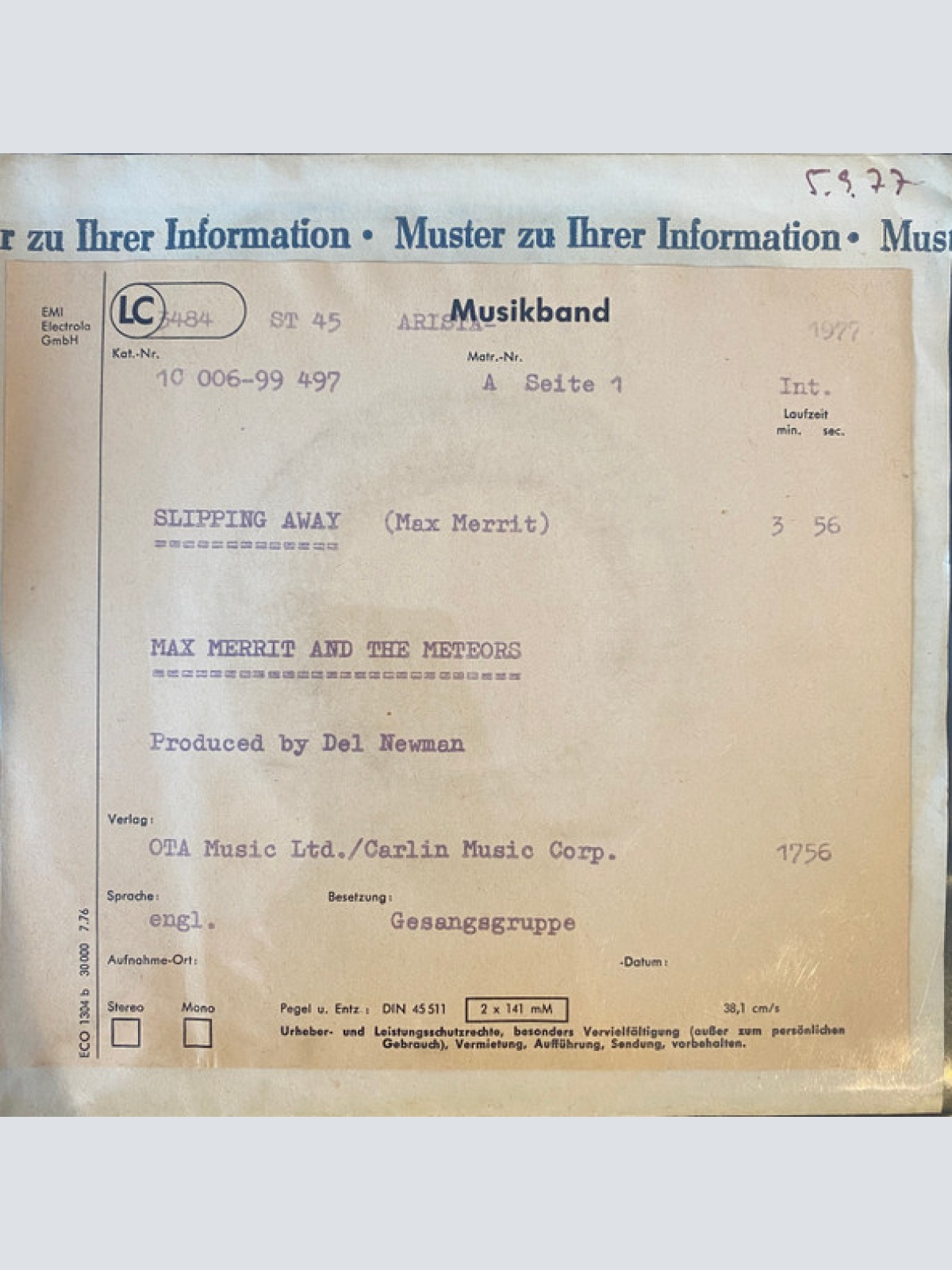 Vinyl / Max Merritt And The Meteors - Slipping Away