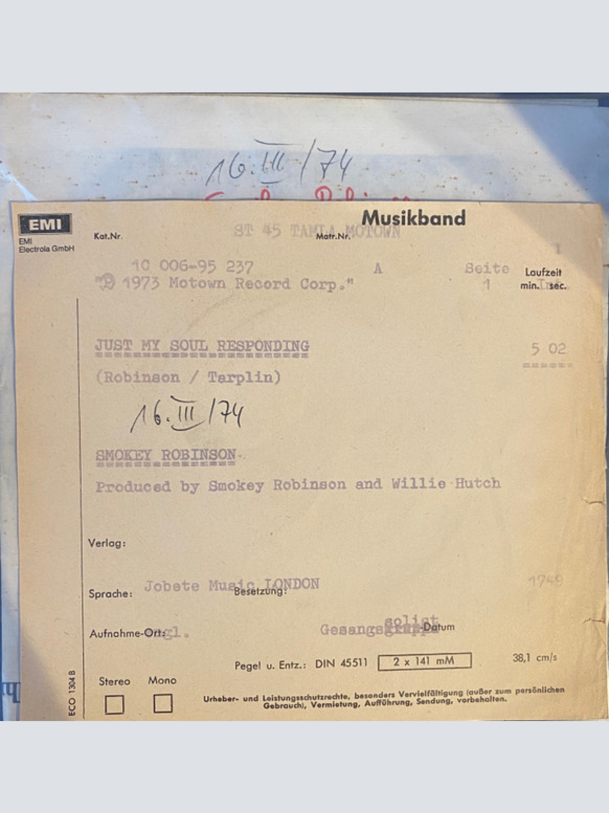 Vinyl / Smokey Robinson - Just My Soul Responding / Sweet Harmony