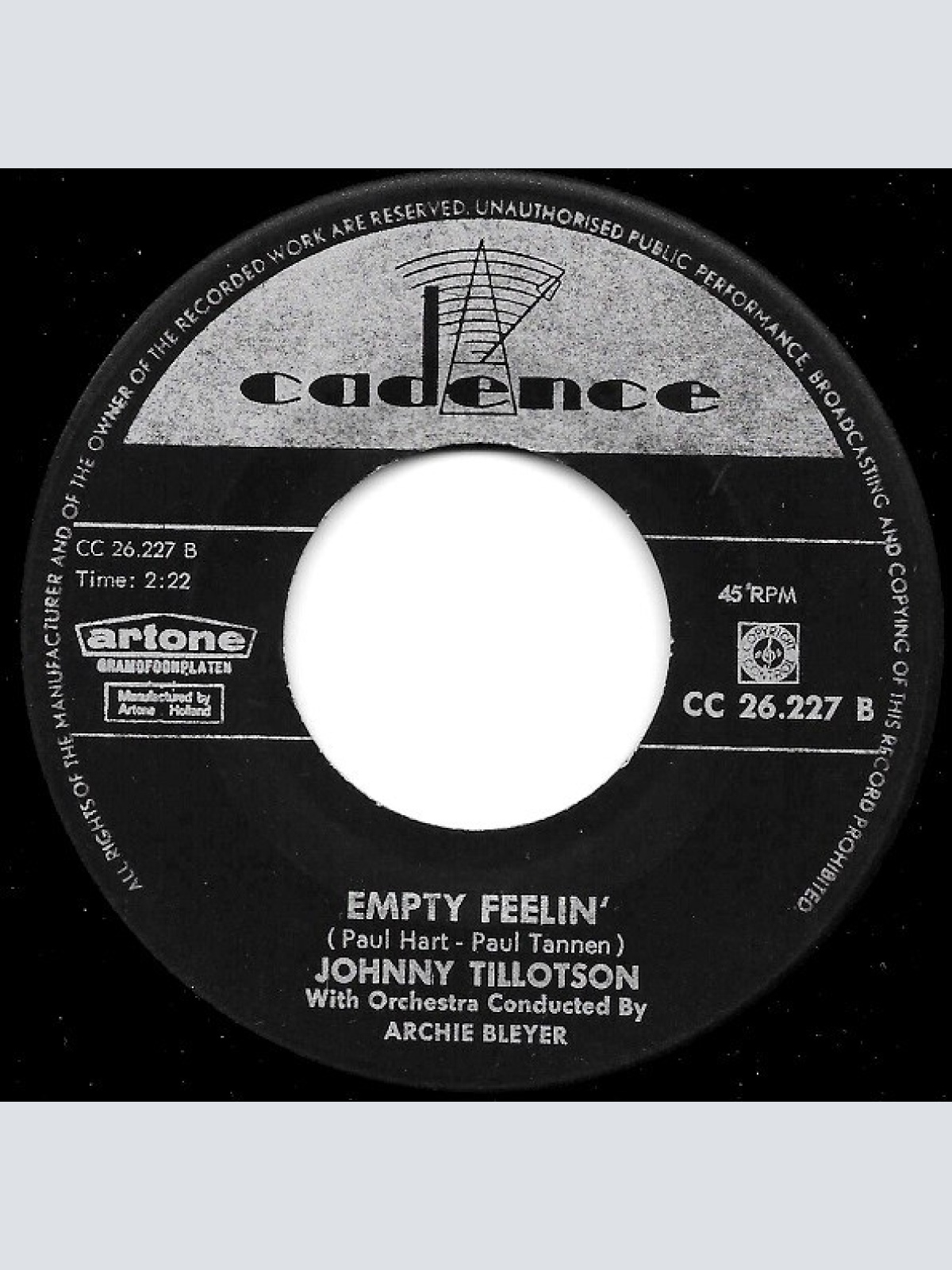 Vinyl / Johnny Tillotson - Out Of My Mind / Empty Feelin'