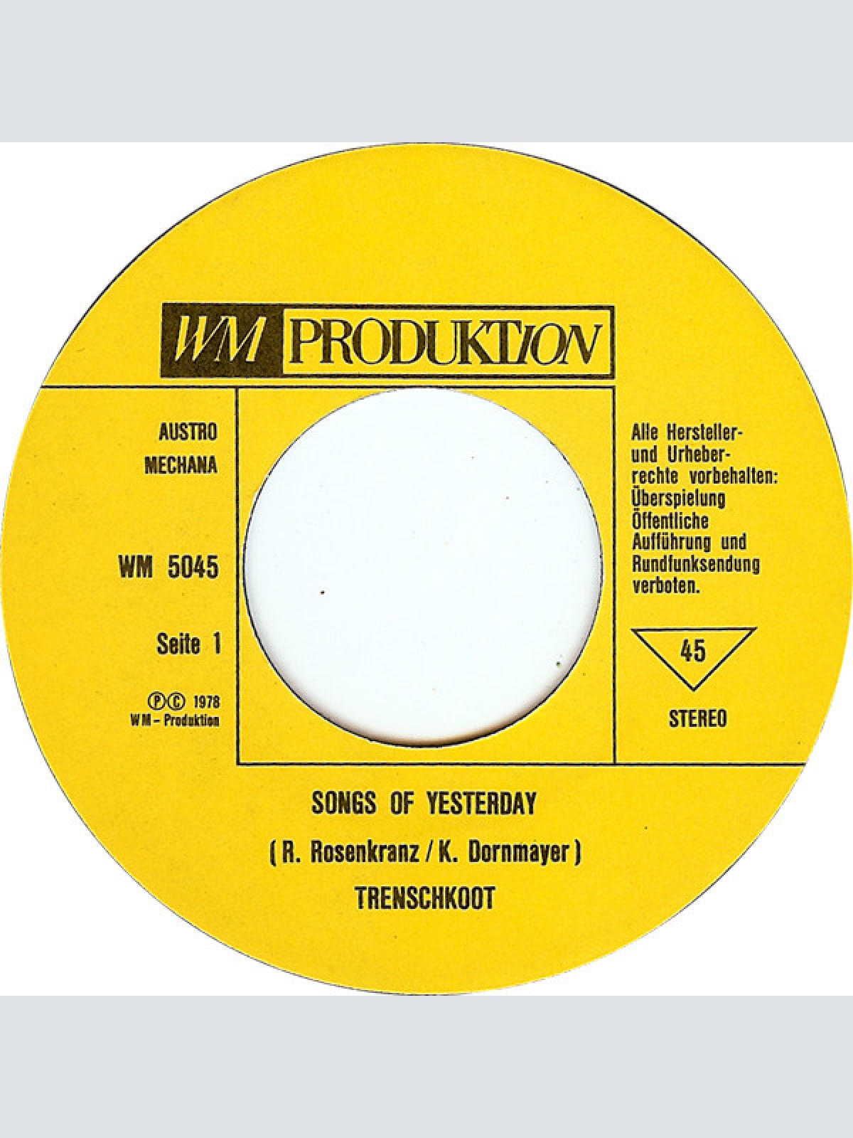 Vinyl / Trenschkoot - Songs Of Yesterday / You Are Gone