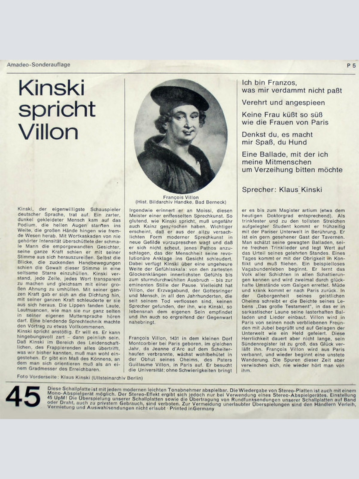 Vinyl / Kinski* Spricht Villon* - Kinski Spricht Villon