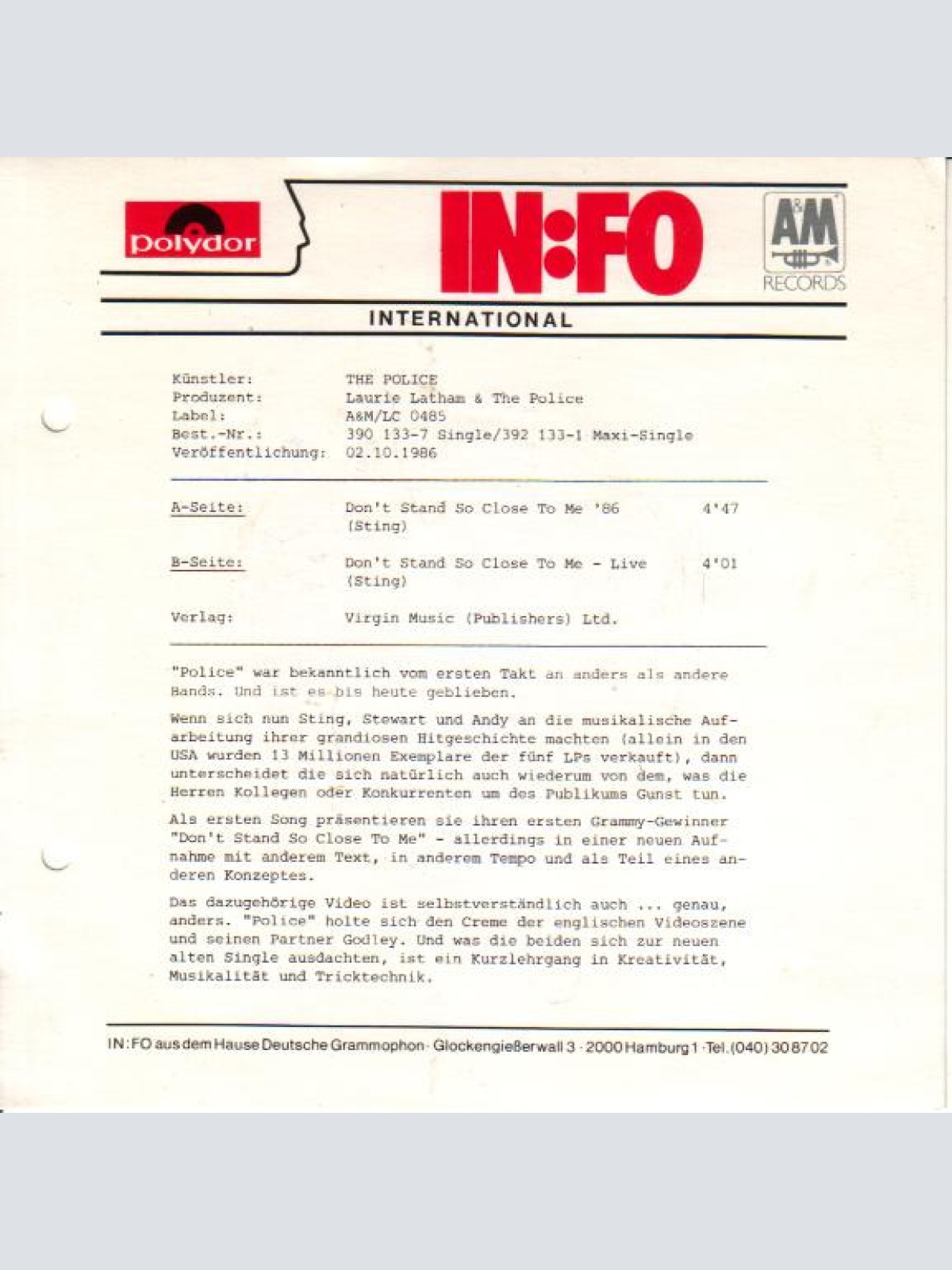 Vinyl / The Police - Don't Stand So Close To Me '86