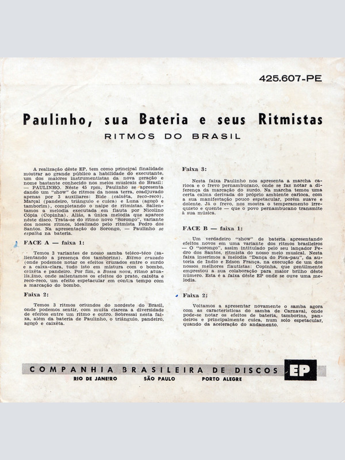 Vinyl / Paulinho, Sua Bateria E Seus Ritmistas - Ritmos Do Brasil