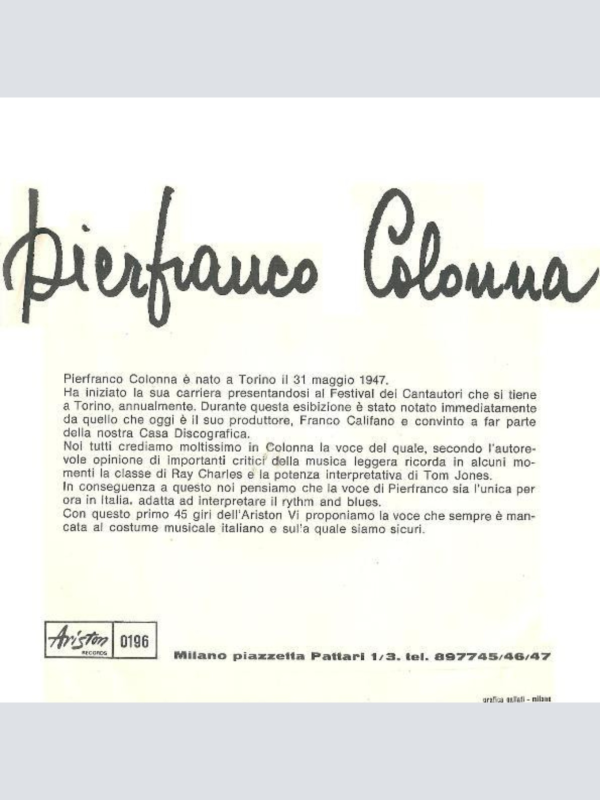 Vinyl / Pier Franco Colonna - Quando Un Uomo Non Sa Amare