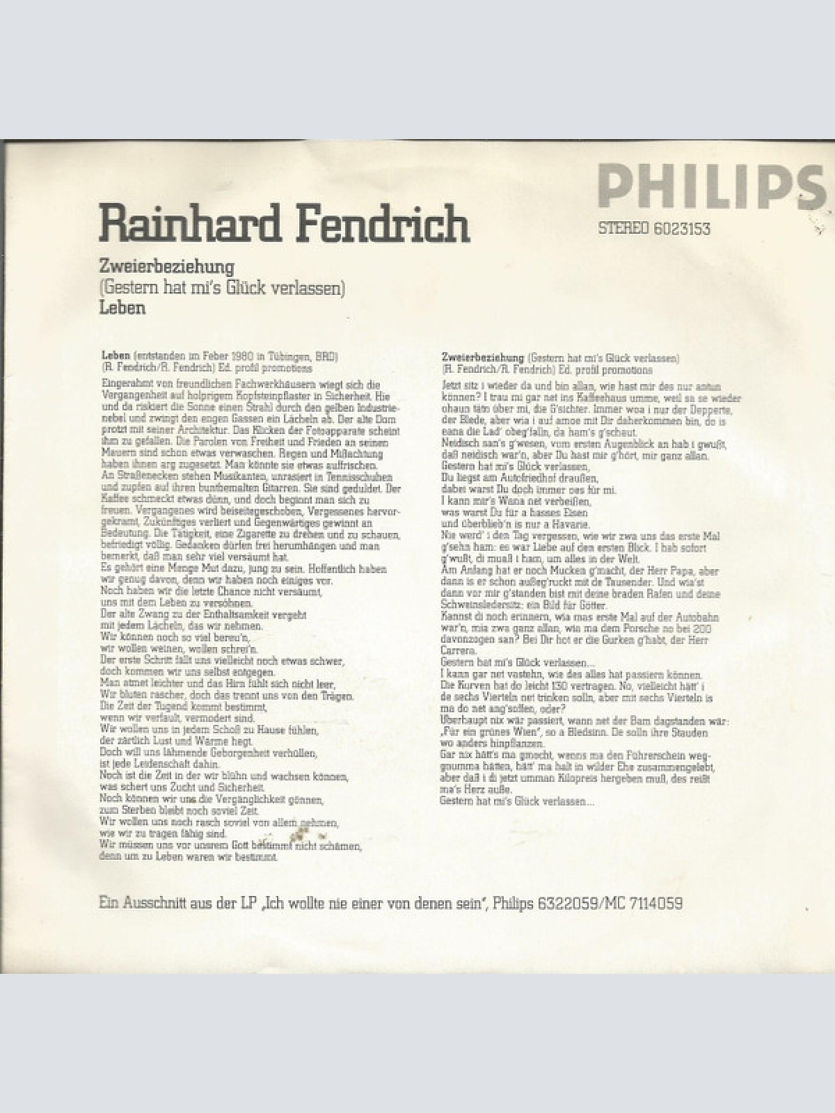 Vinyl / Rainhard Fendrich - Zweierbeziehung (Gestern Hat Mi's Glück Verlassen)