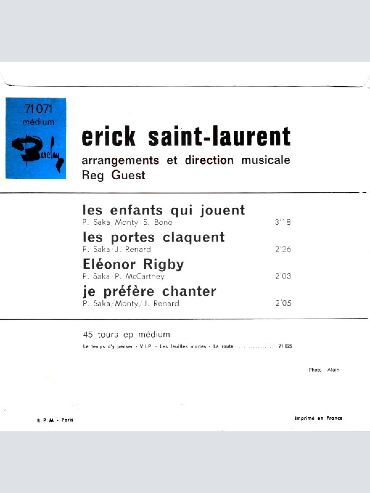 Vinyl / Erick Saint Laurent* - Les Enfants Qui Jouent