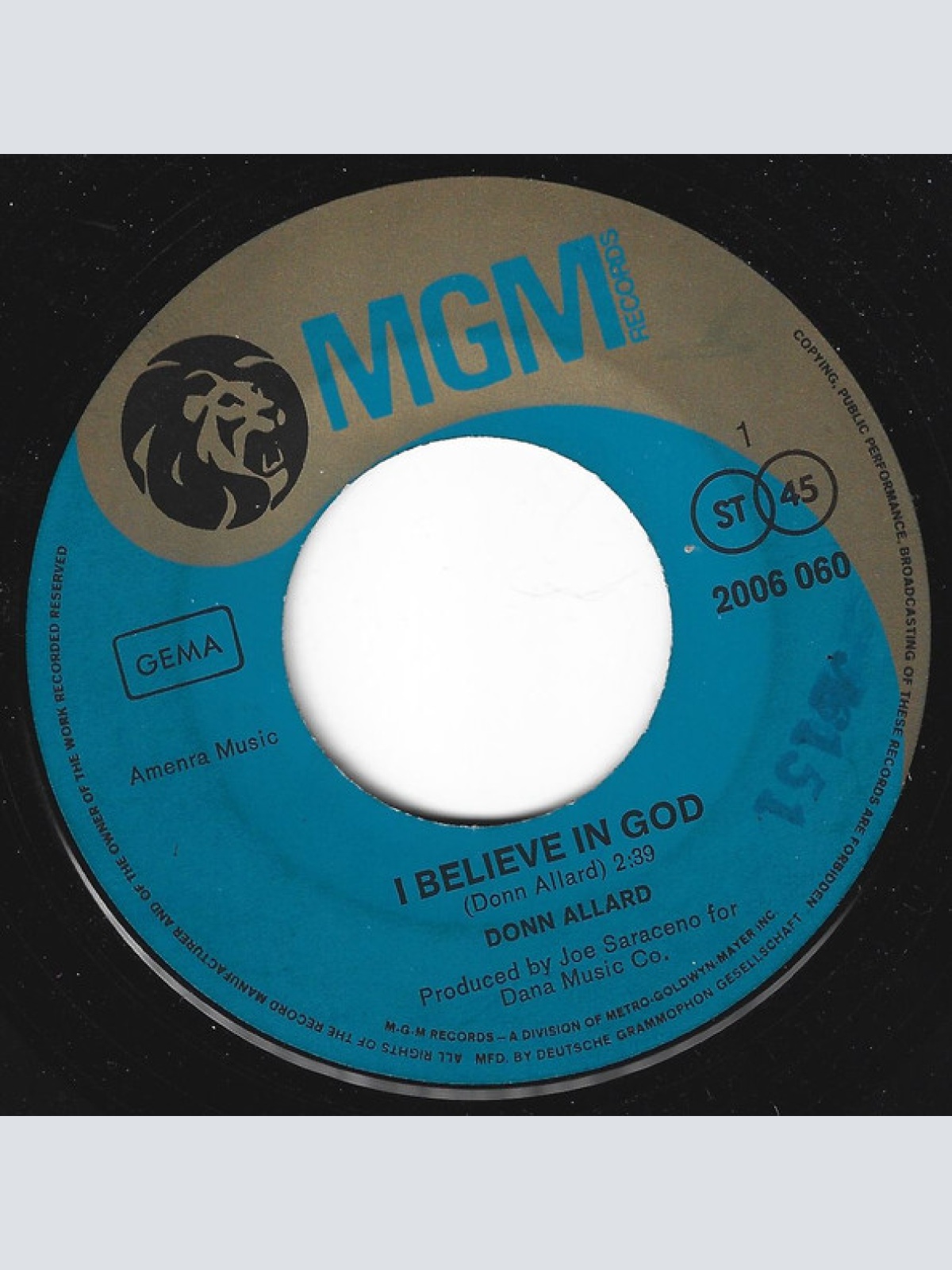 Vinyl / Donn Allard - I Believe In God / Just Once In A While