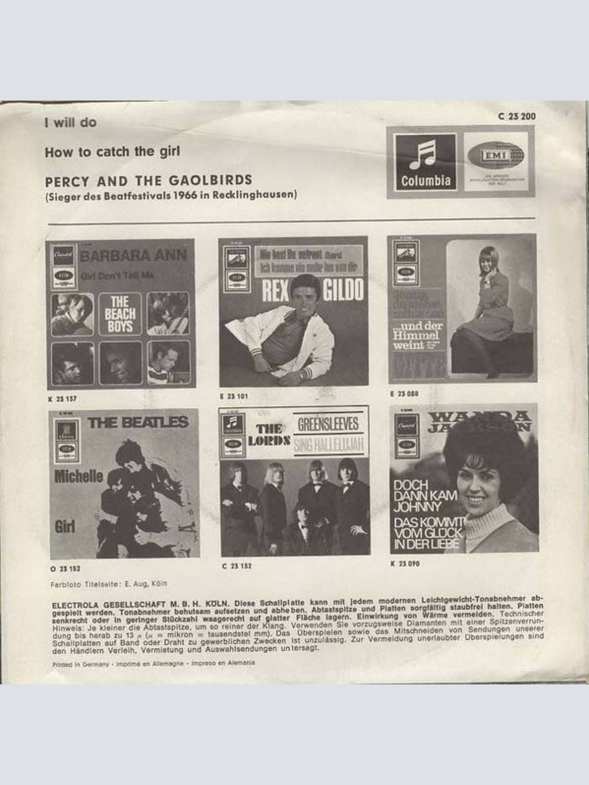 Vinyl / Percy & The Gaolbirds - I Will Do / How To Catch The Girl