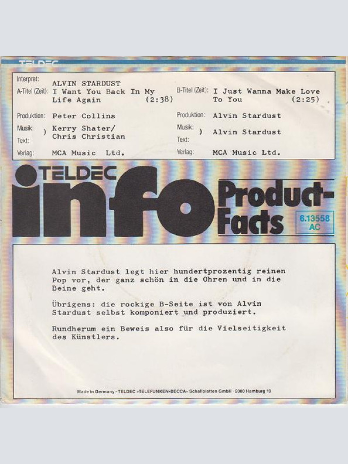 Vinyl / Alvin Stardust - I Want You Back In My Life Again