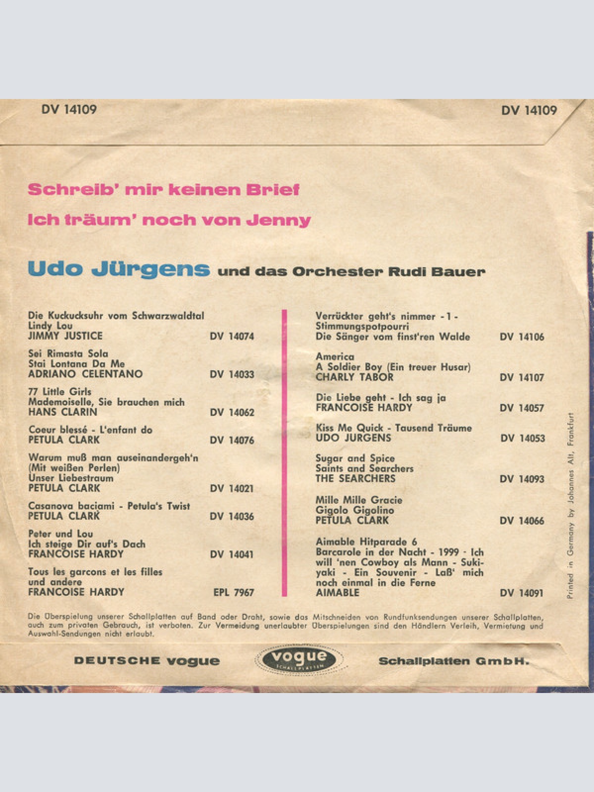 Vinyl / Udo Jürgens - Schreib' Mir Keinen Brief / Ich Träum' Noch Von Jenny