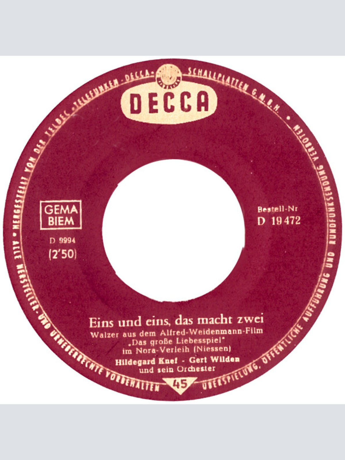 Vinyl / Hildegard Knef - Eins Und Eins, Das Macht Zwei / So Hat Alles Seinen Sinn