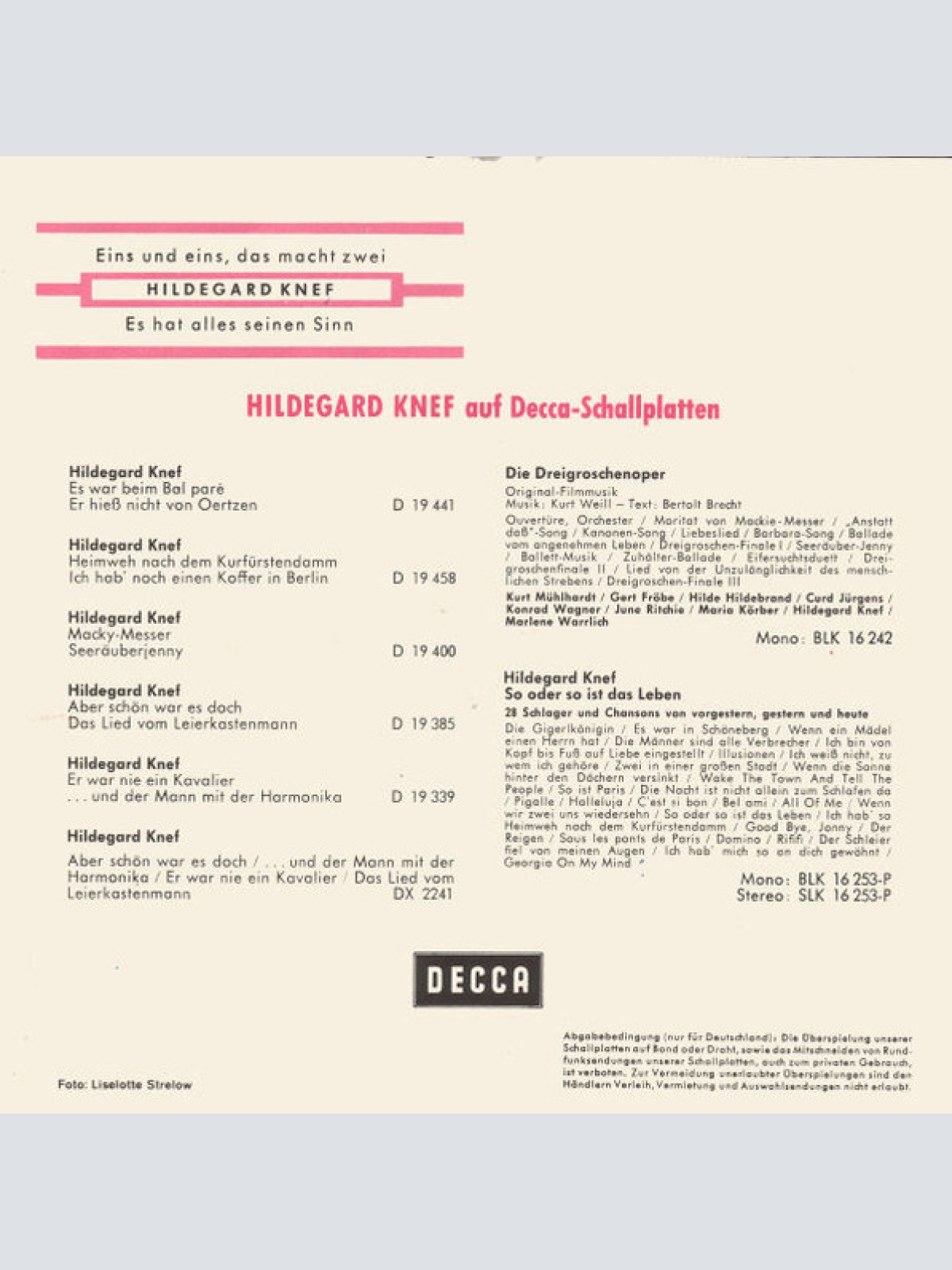 Vinyl / Hildegard Knef - Eins Und Eins, Das Macht Zwei / So Hat Alles Seinen Sinn