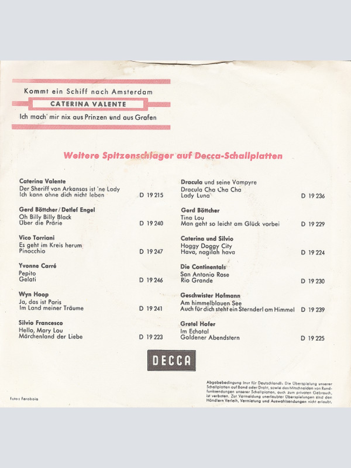 Vinyl / Caterina Valente - Kommt Ein Schiff Nach Amsterdam