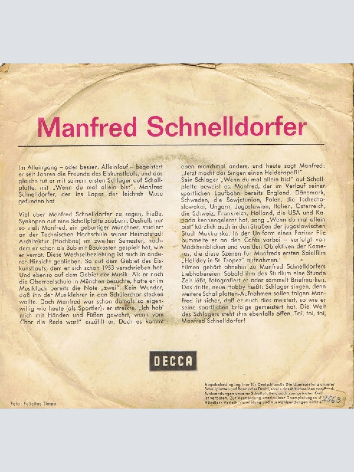 Vinyl / Manfred Schnelldorfer - Wenn Du Mal Allein Bist