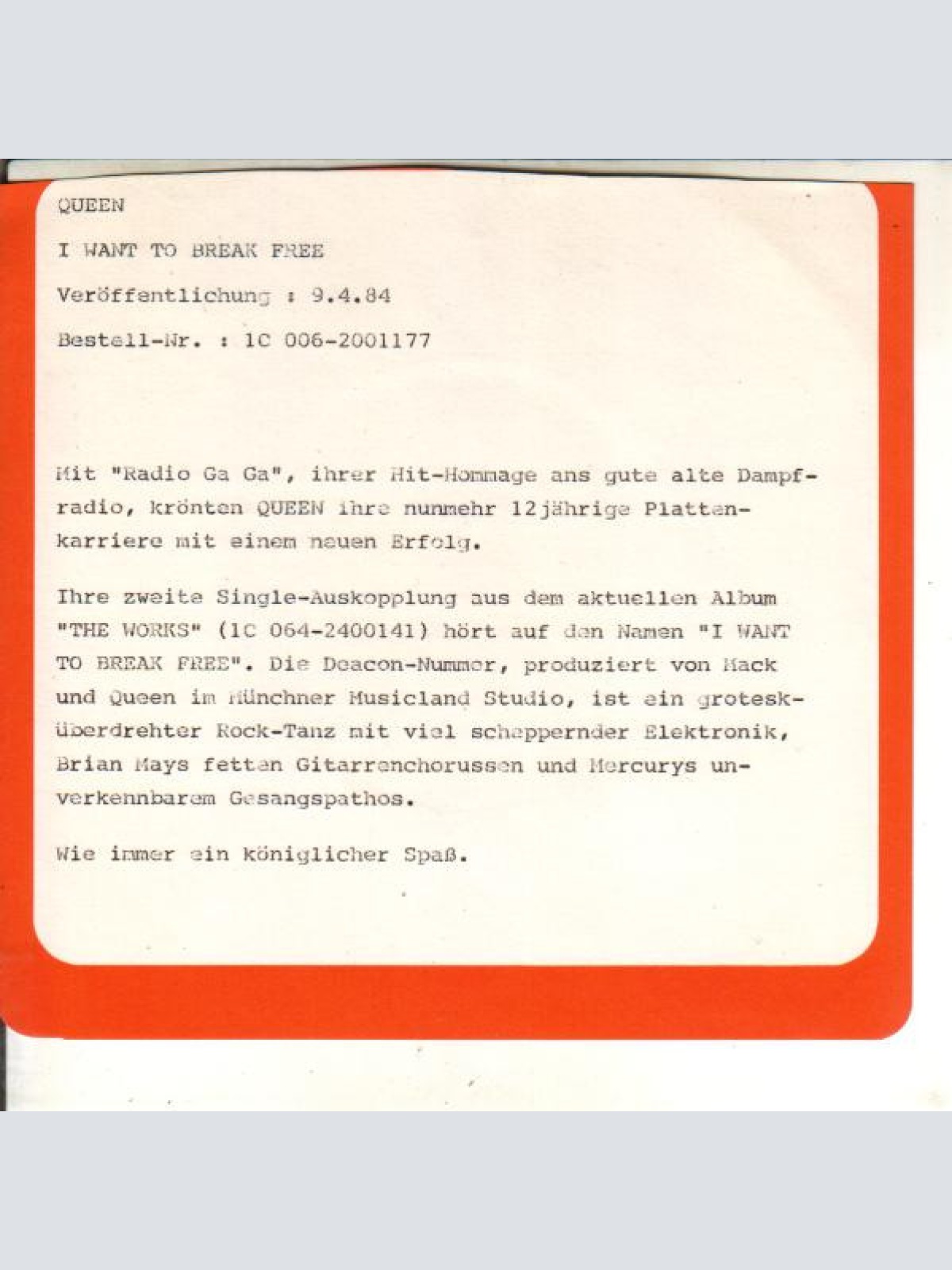 Vinyl / Queen - I Want To Break Free