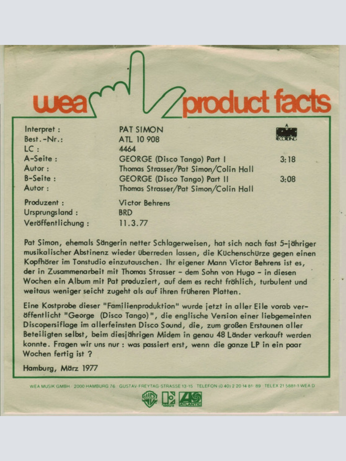 Vinyl / Pat Simon - George Disco Tango Part I + II
