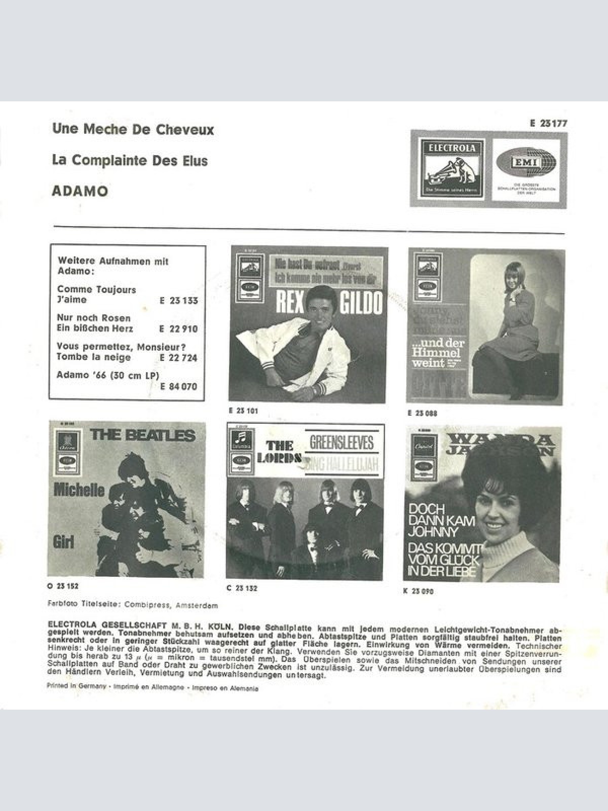 Vinyl / Adamo - Une Mèche De Cheveux / La Complainte Des Elus