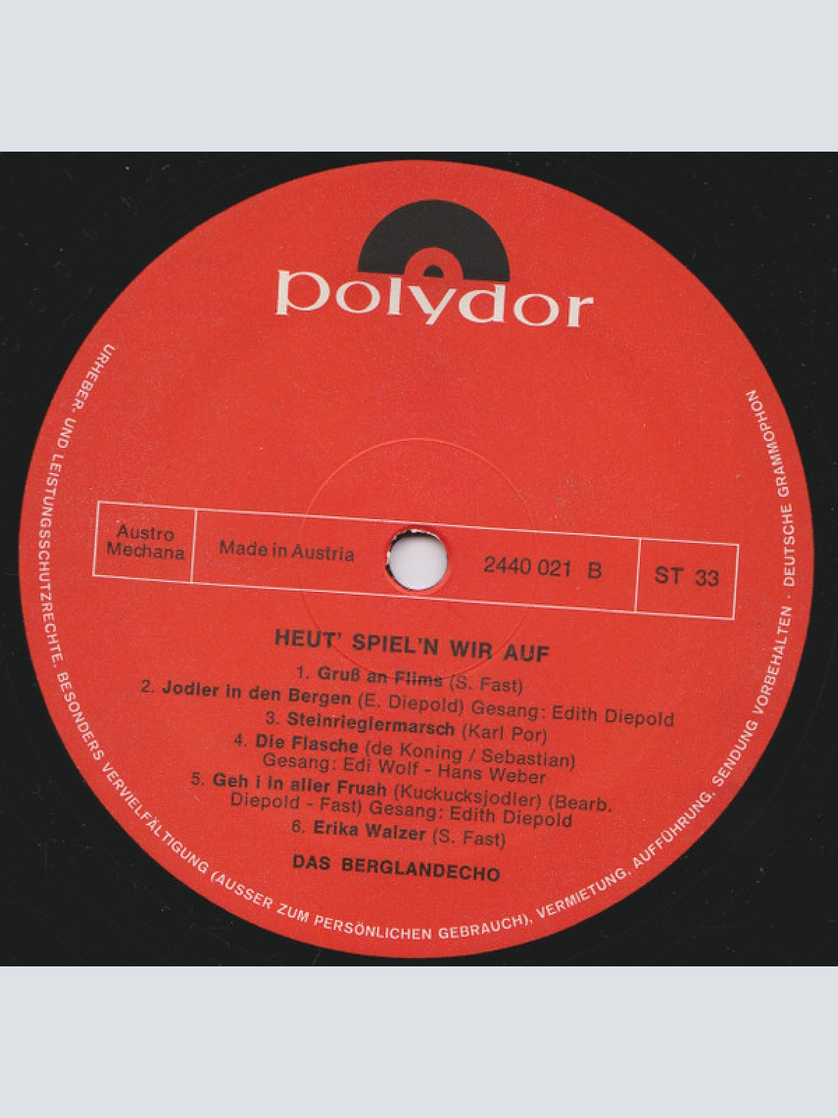 Vinyl / Das Berglandecho* Mit Der Meisterjodlerin Edith Diepold - Heut' Spiel'n Wir Auf