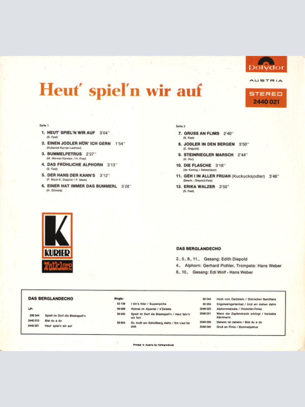 Vinyl / Das Berglandecho* Mit Der Meisterjodlerin Edith Diepold - Heut' Spiel'n Wir Auf