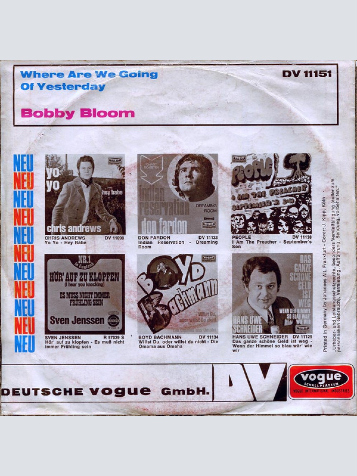 Vinyl / Bobby Bloom - Where Are We Going / Of Yesterday