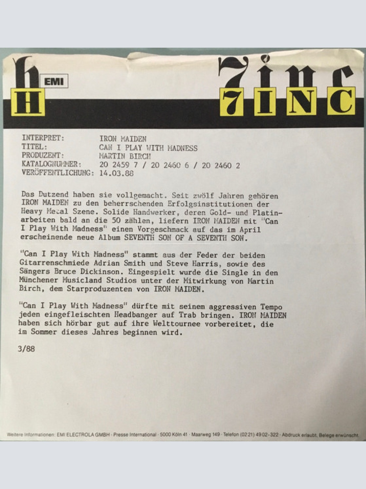 Vinyl / Iron Maiden - Can I Play With Madness