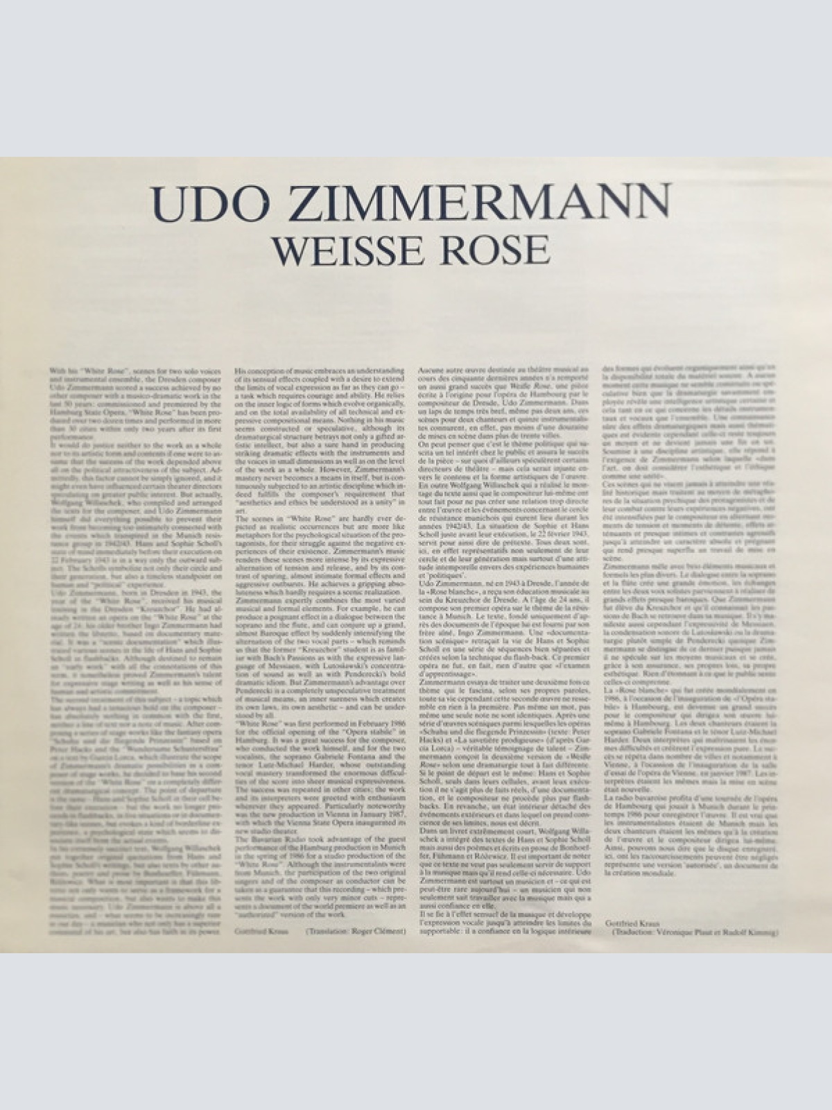 Vinyl / Udo Zimmermann - Gabriele Fontana, Lutz-Michael Harder, Instrumentalensemble - Die Weisse Rose