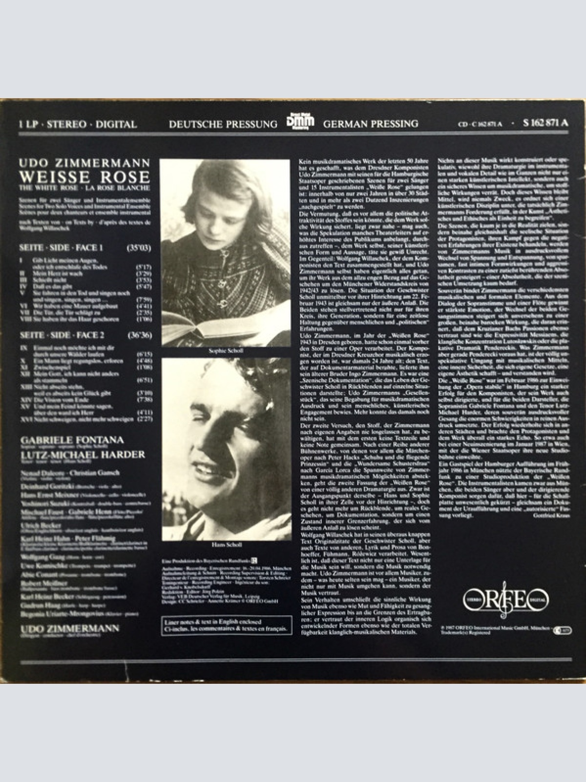 Vinyl / Udo Zimmermann - Gabriele Fontana, Lutz-Michael Harder, Instrumentalensemble - Die Weisse Rose